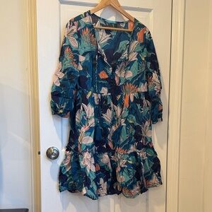 Tori Richard Teal Floral Dress with Coral & Navy Accents